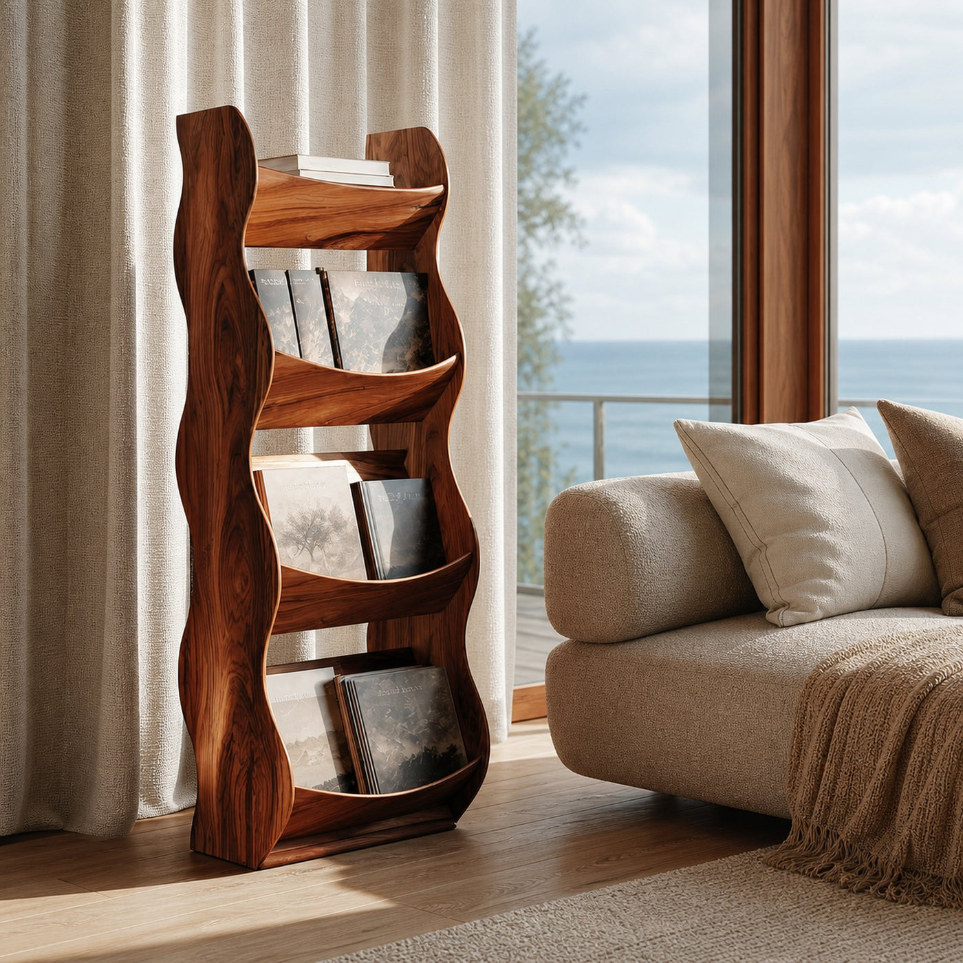 Modern Natural Wood Tall Magazine Rack For Living Storage