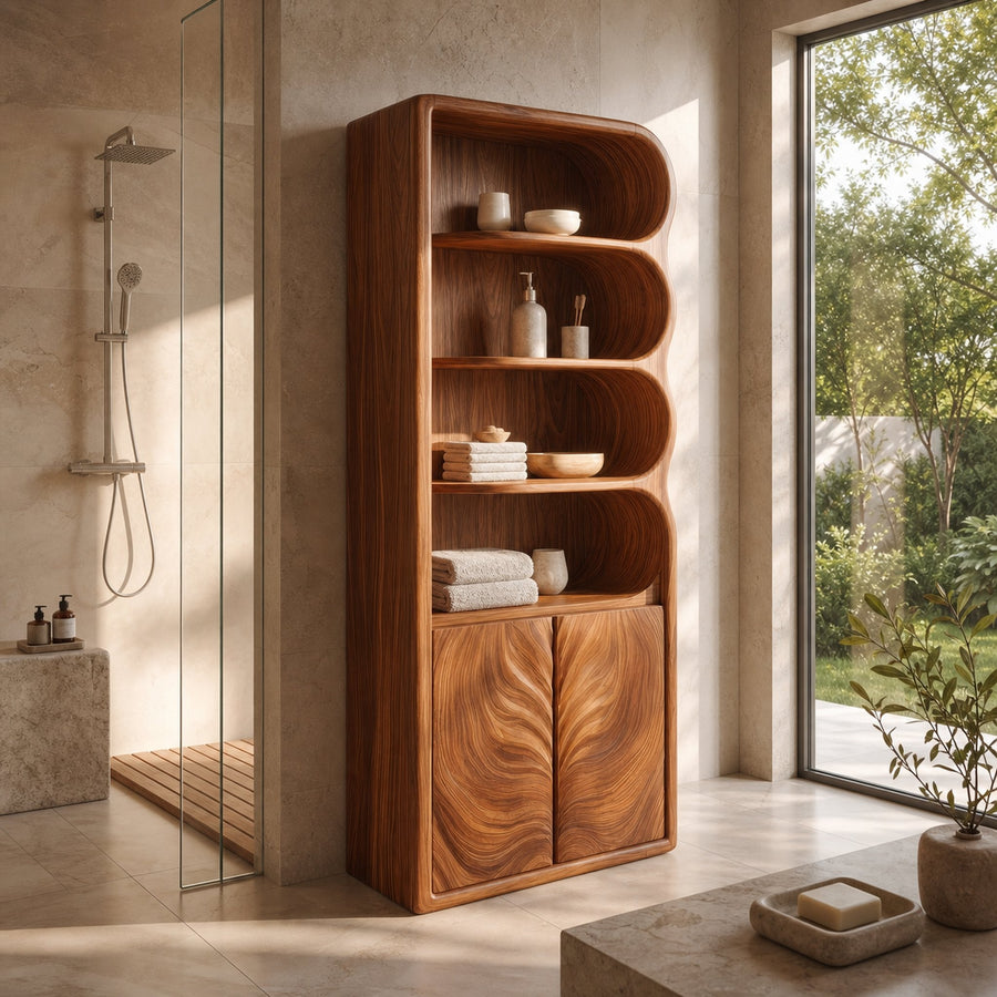 Modern Organic Bathroom Storage Cabinet With Curved Shelves And Carved Wooden Doors For Bathroom