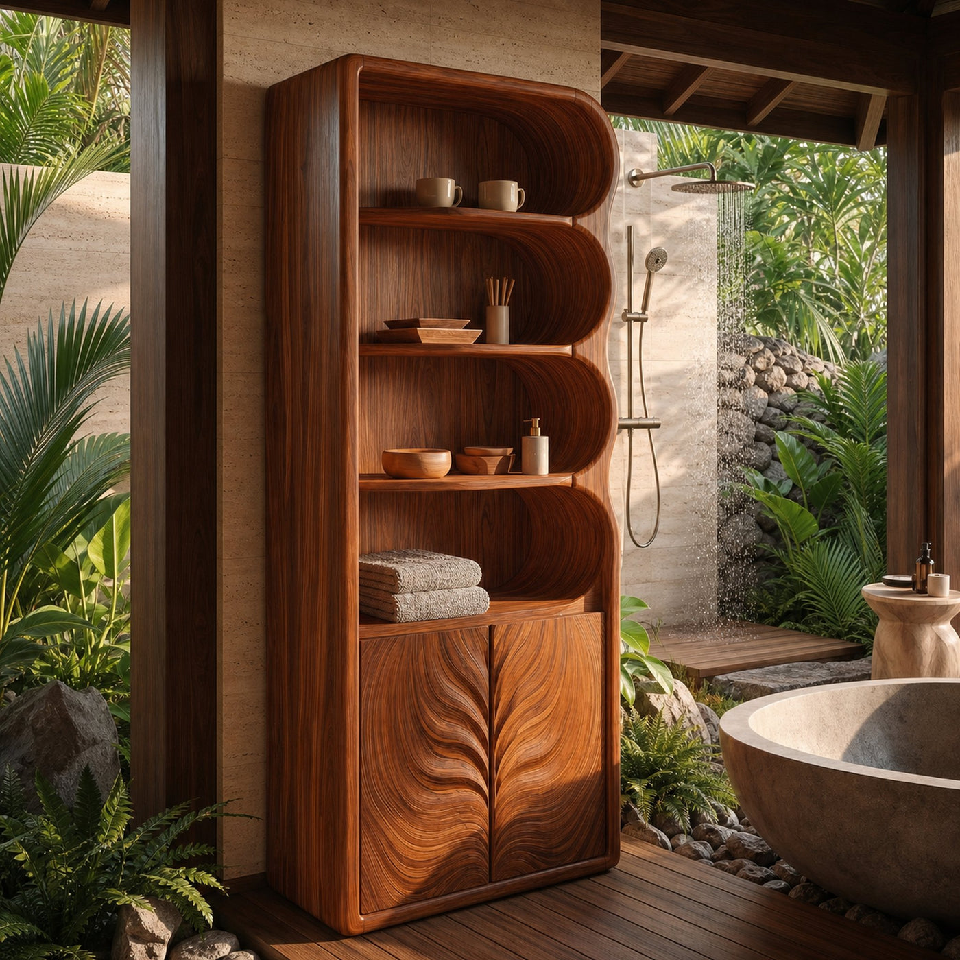 Modern Organic Bathroom Storage Cabinet With Curved Shelves And Carved Wooden Doors For Bathroom - product view 6