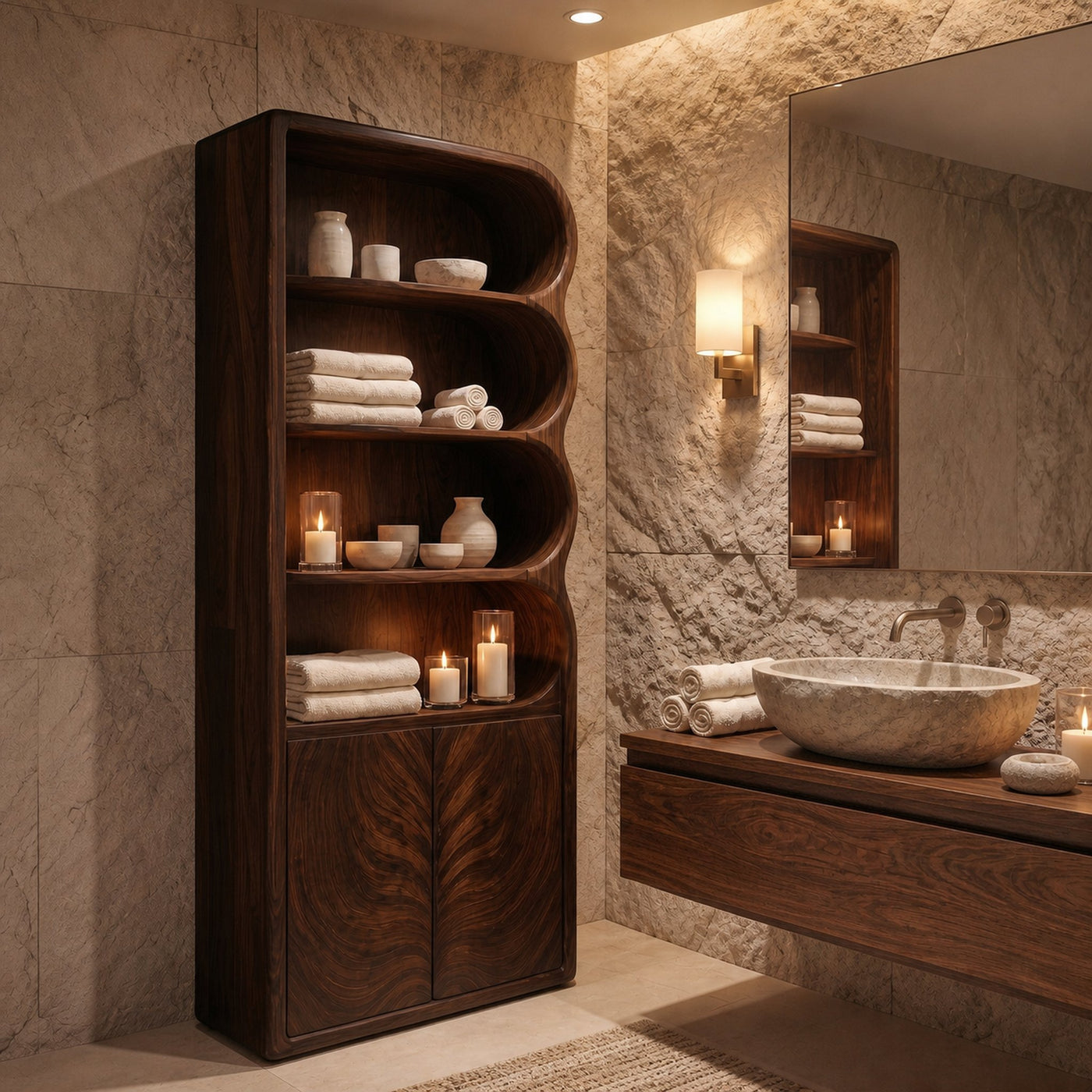 Modern Organic Bathroom Storage Cabinet With Curved Shelves And Carved Wooden Doors For Bathroom - product view 7