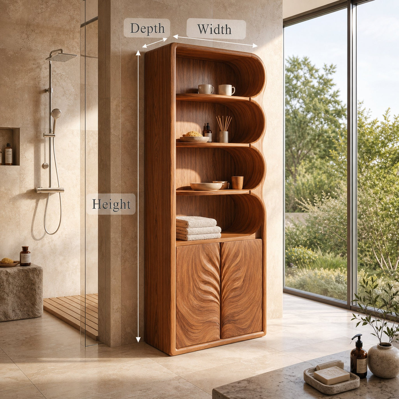 Modern Organic Bathroom Storage Cabinet With Curved Shelves And Carved Wooden Doors For Bathroom - product view 8