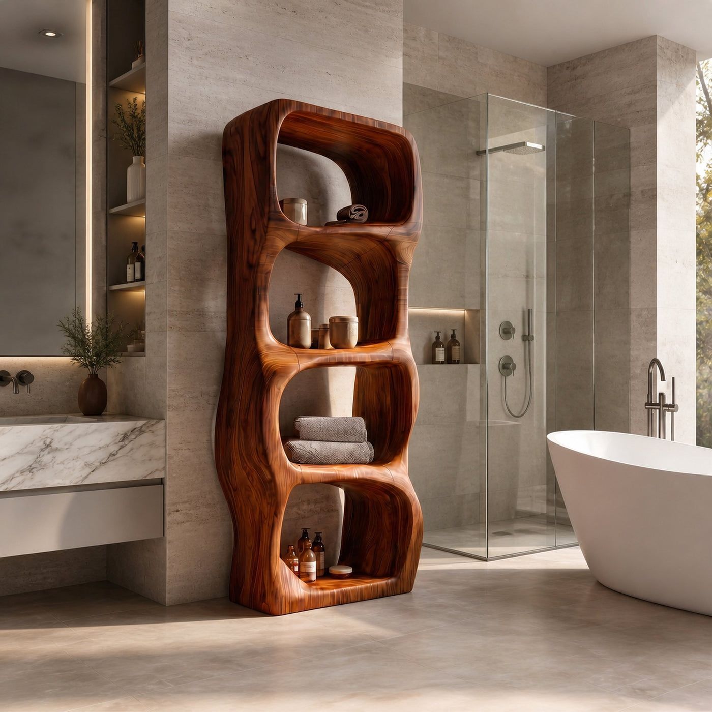 Modern Organic Bathroom Storage Cabinet With Rounded Sculptural Shelves And Open Storage For Bathroom