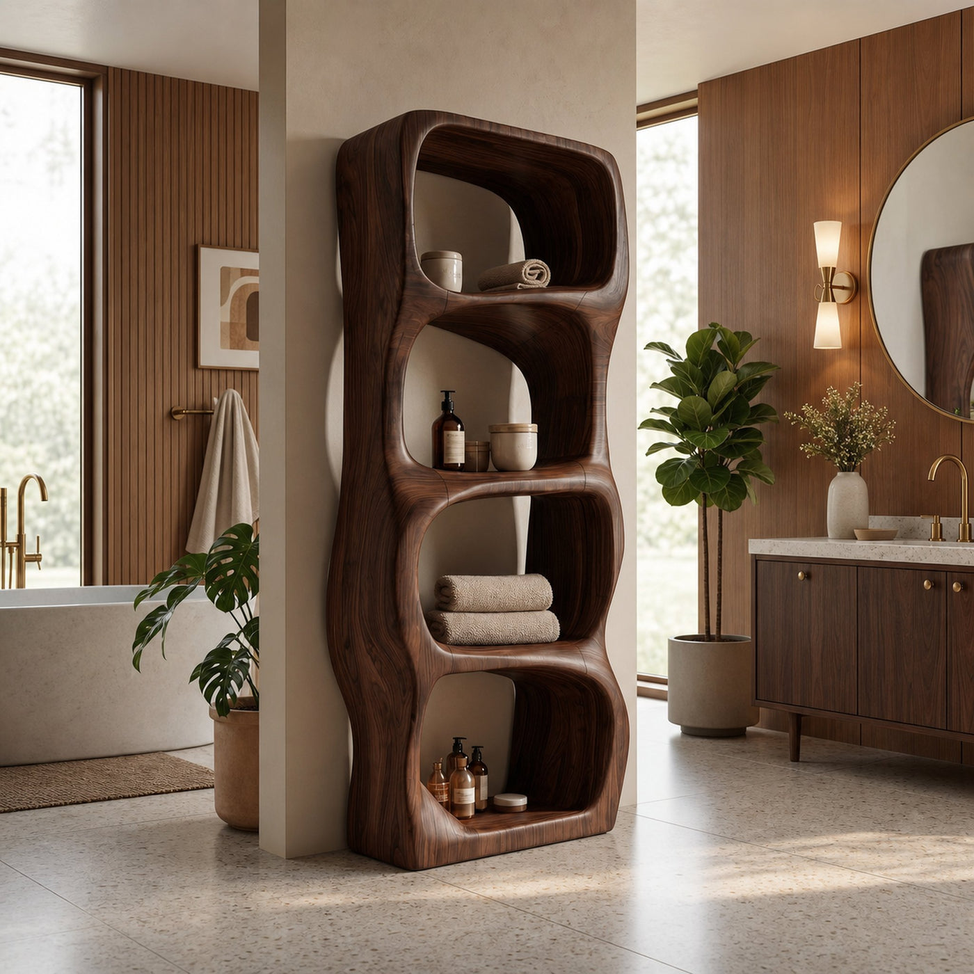 Modern Organic Bathroom Storage Cabinet With Rounded Sculptural Shelves And Open Storage For Bathroom - product view 7