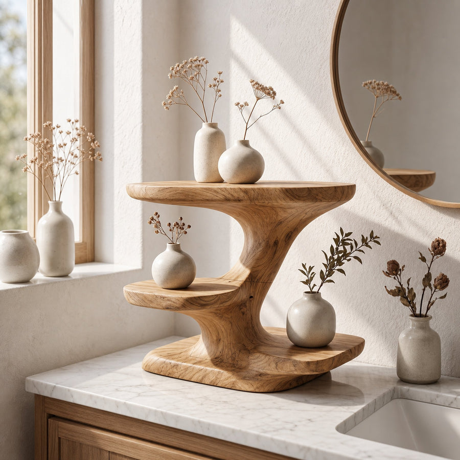 Modern Organic Bathroom Vanity Organizer With Tiered Wood Shelves For Bathroom