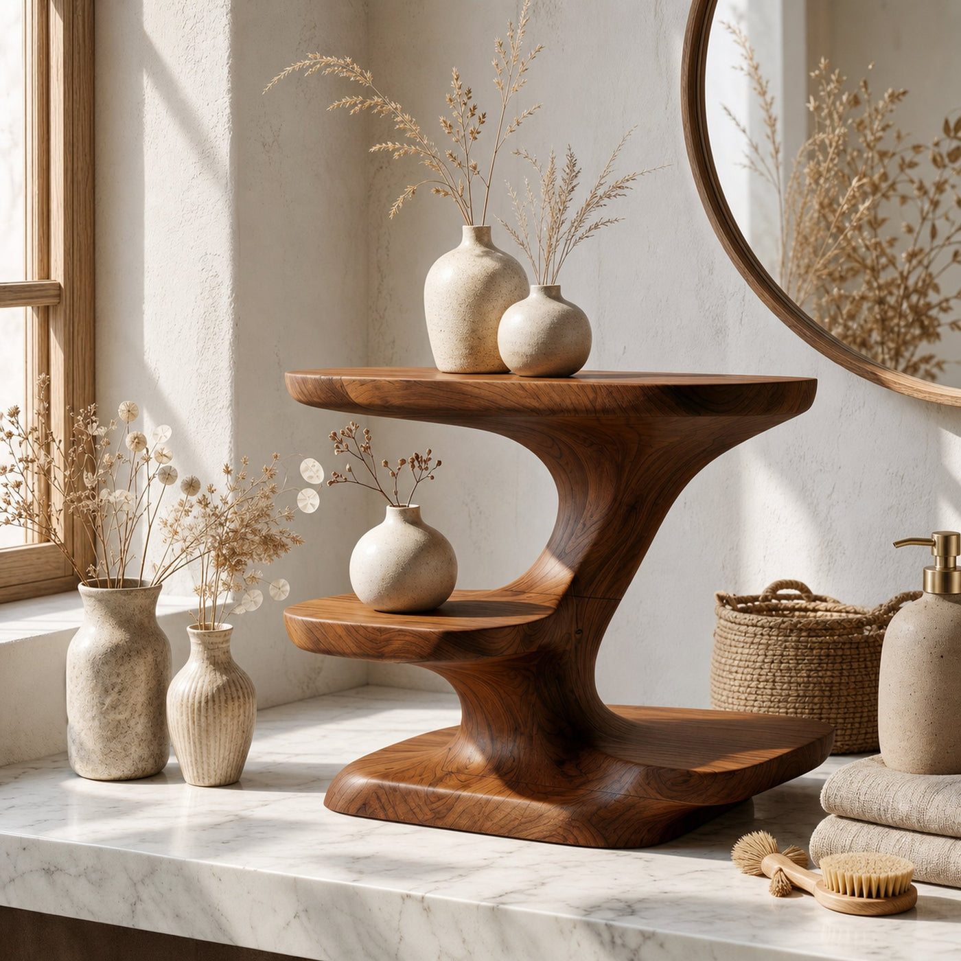 Modern Organic Bathroom Vanity Organizer With Tiered Wood Shelves For Bathroom - product view 6