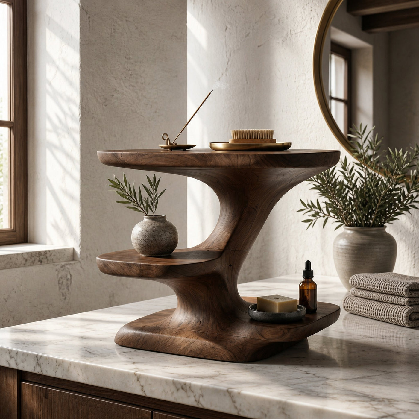 Modern Organic Bathroom Vanity Organizer With Tiered Wood Shelves For Bathroom - product view 7