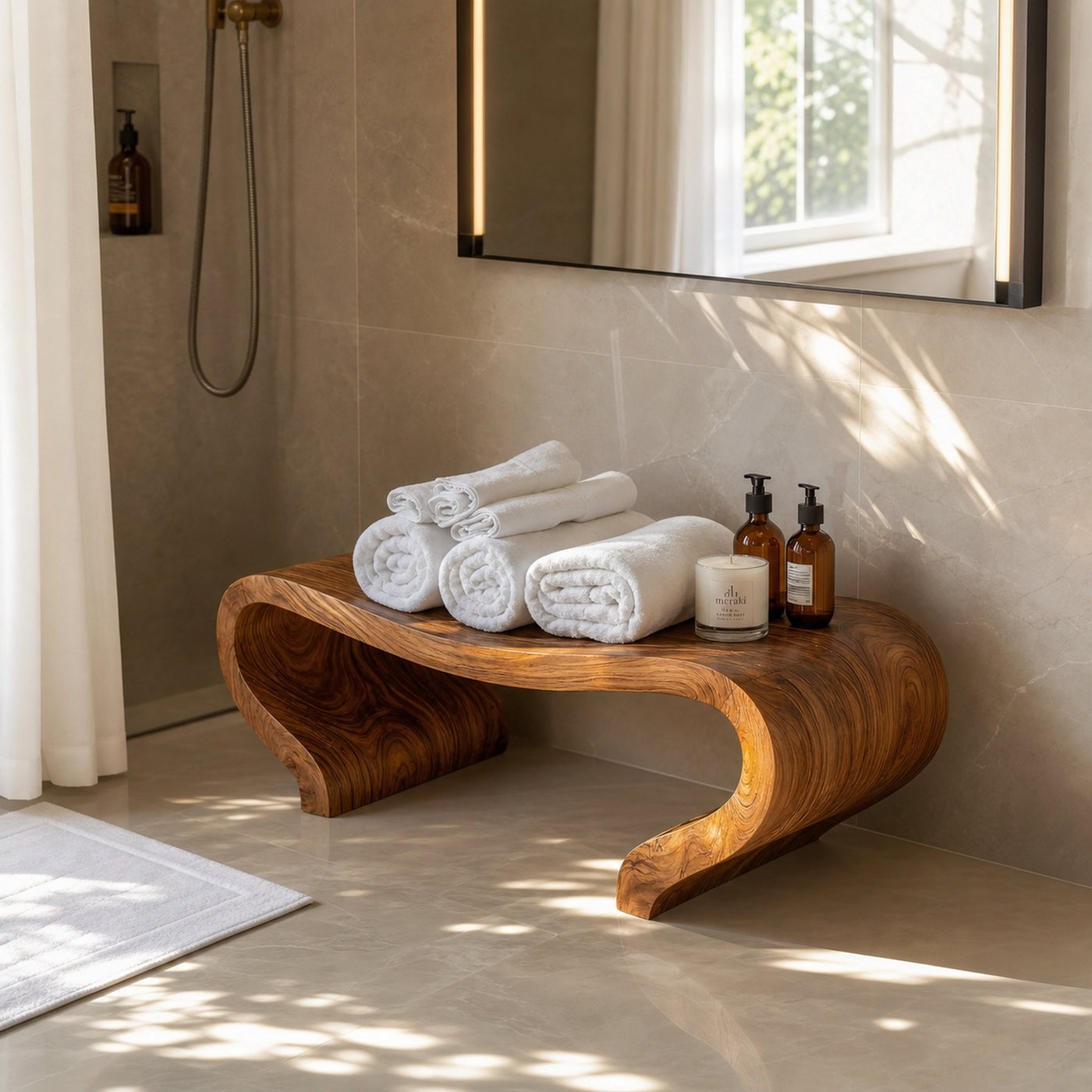 Modern Organic Curved Shower Bench Sculptural For Bathroom