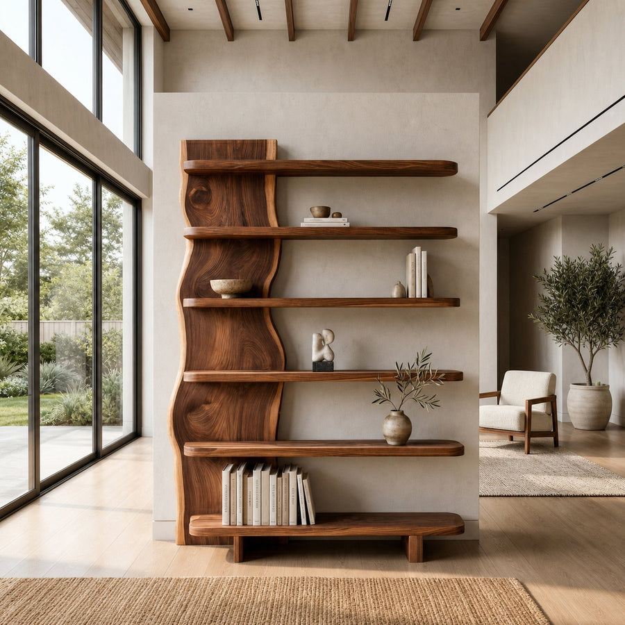 Modern Organic Wooden Standing Shelf For Lounge Area