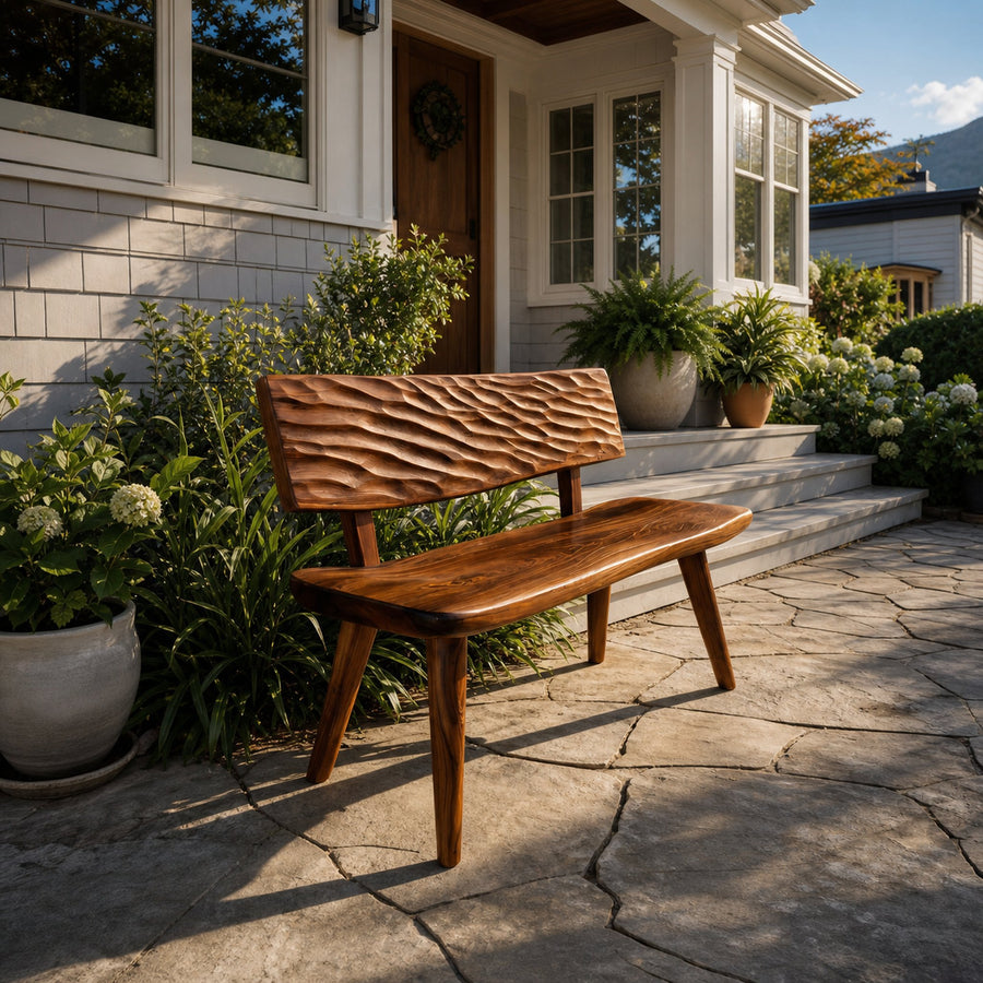 Modern Outdoor Wood Bench With Carved Backrest For Patio