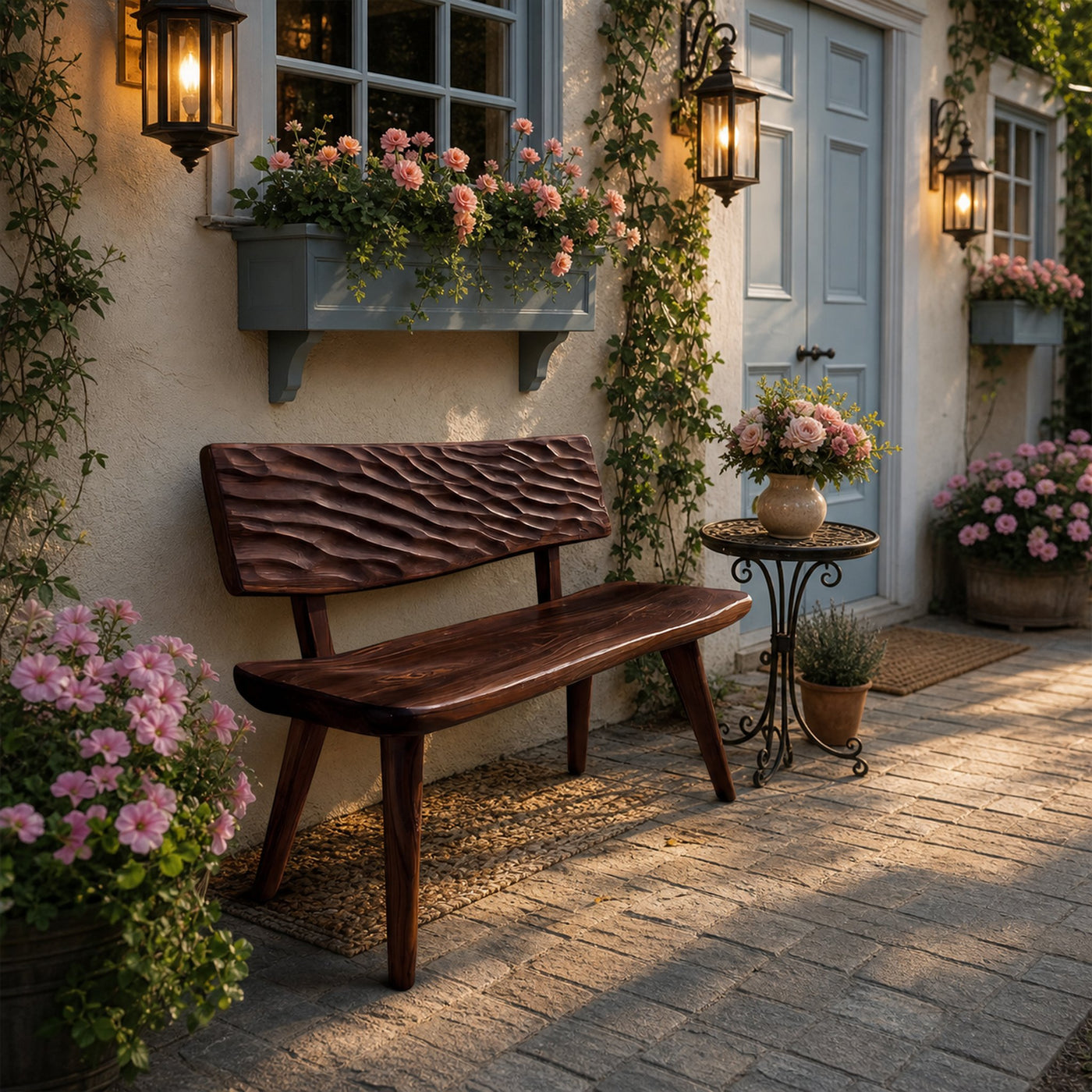 Modern Outdoor Wood Bench With Carved Backrest For Patio - product view 6