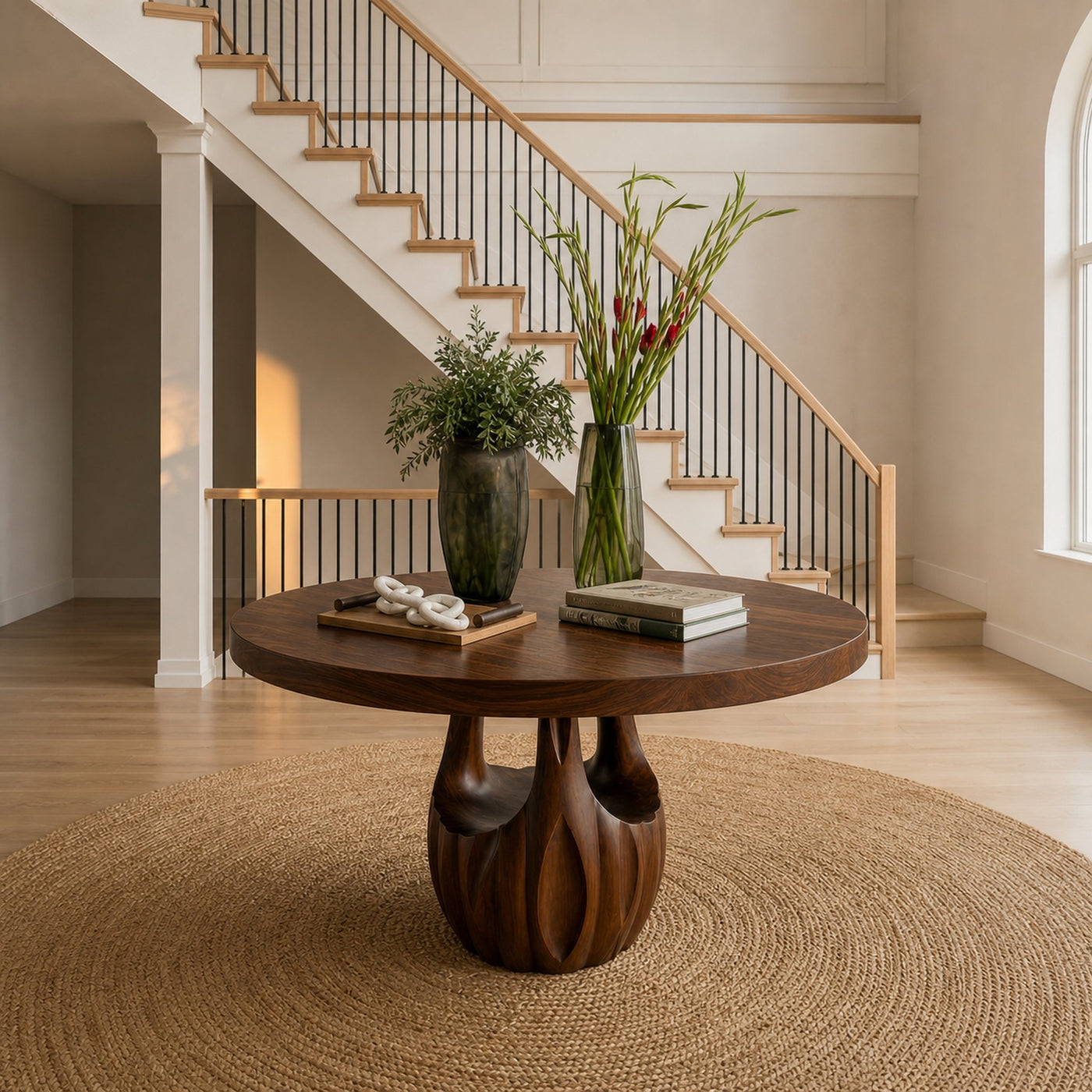 Modern Round Entryway Foyer Table With Unique Sculptural Base For Entryway And Hallway