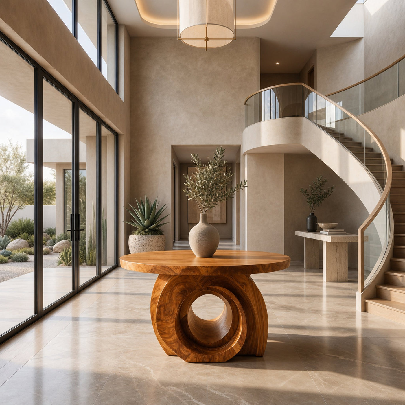 Modern Round Foyer Table With Sculptural Ring Pedestal Base For Entryway And Hallway