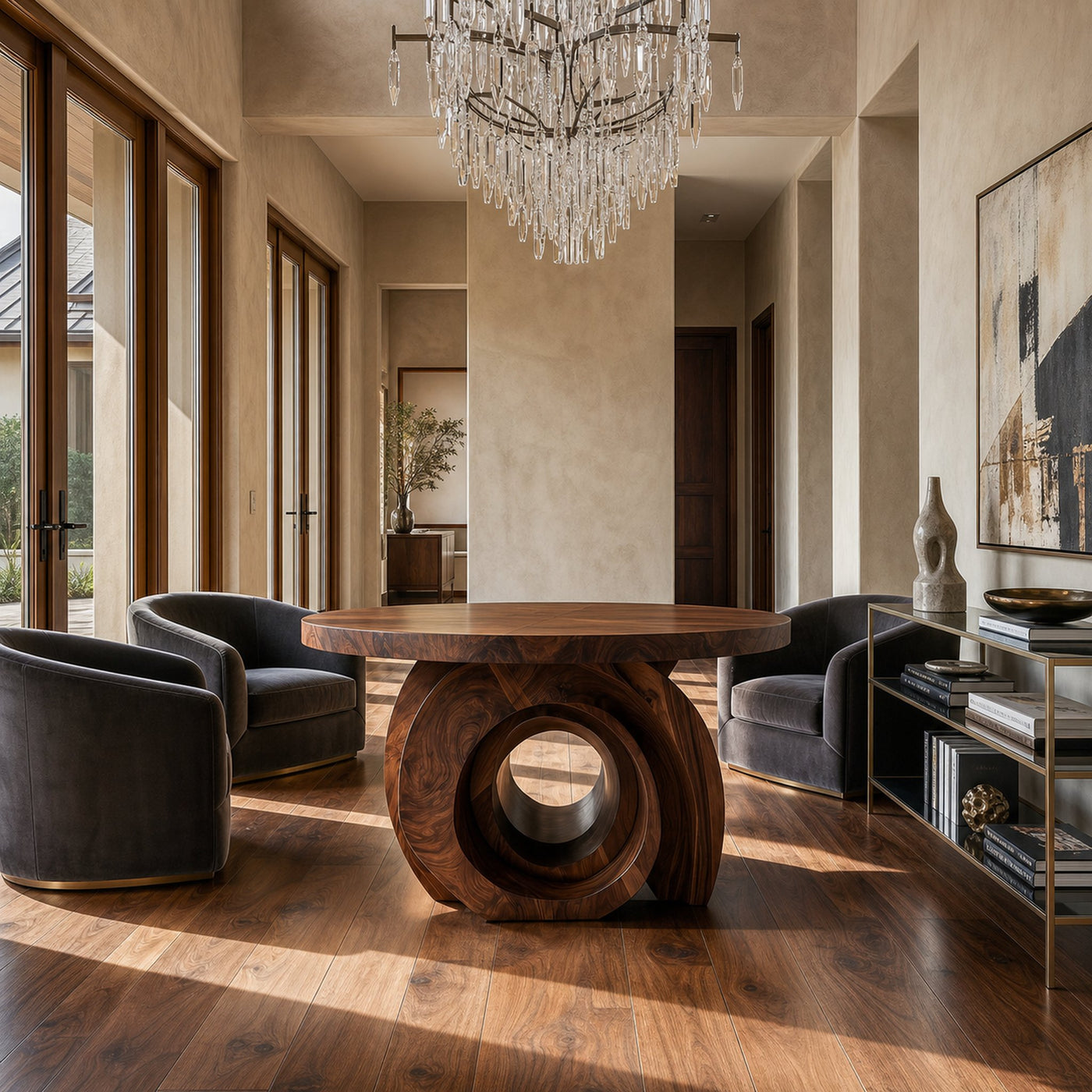 Modern Round Foyer Table With Sculptural Ring Pedestal Base For Entryway And Hallway - product view 7
