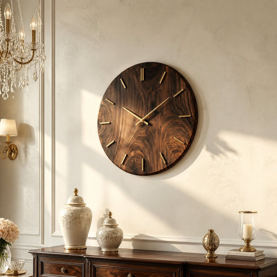 Modern Round Solid Wood Wall Clock Natural Wood Living Room