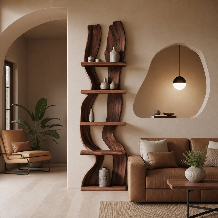 Modern Rustic Standing Shelf With Curved Silhouette For Living Room
