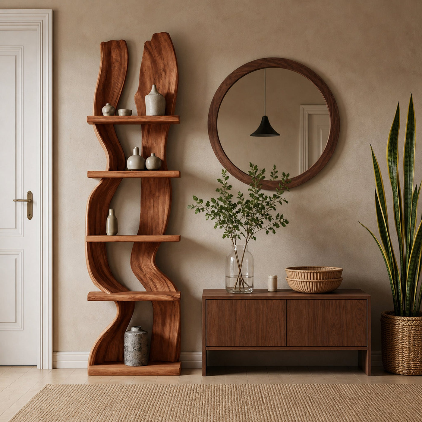 Modern Rustic Standing Shelf With Curved Silhouette For Living Room - product view 6
