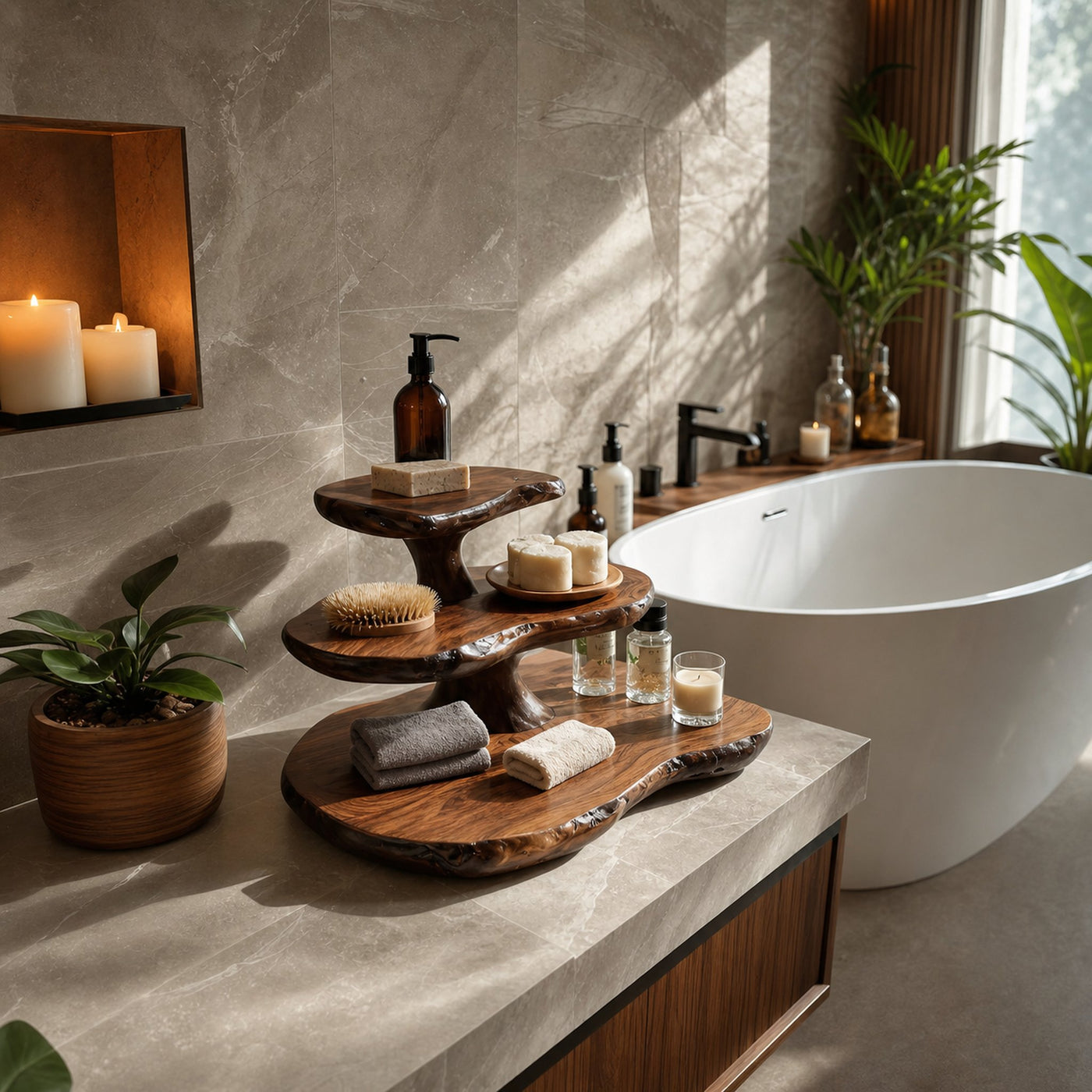 Modern Sculpted Bathroom Shelf Tiered For Clean Bathroom