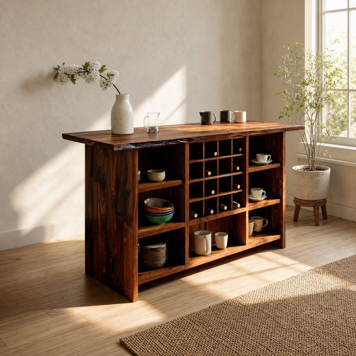 Modern Storage Cabinet With Wine Rack Open Shelves For Dining