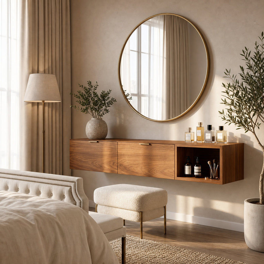 Modern Wall Mounted Dressing Table With Built In Storage For Bedroom