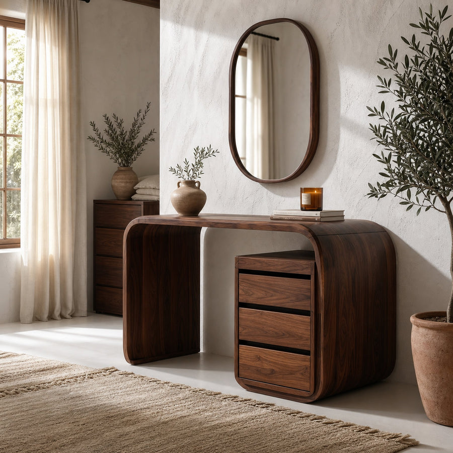 Modern Walnut Vanity Table With Open Shelf Cabinet For Bedroom