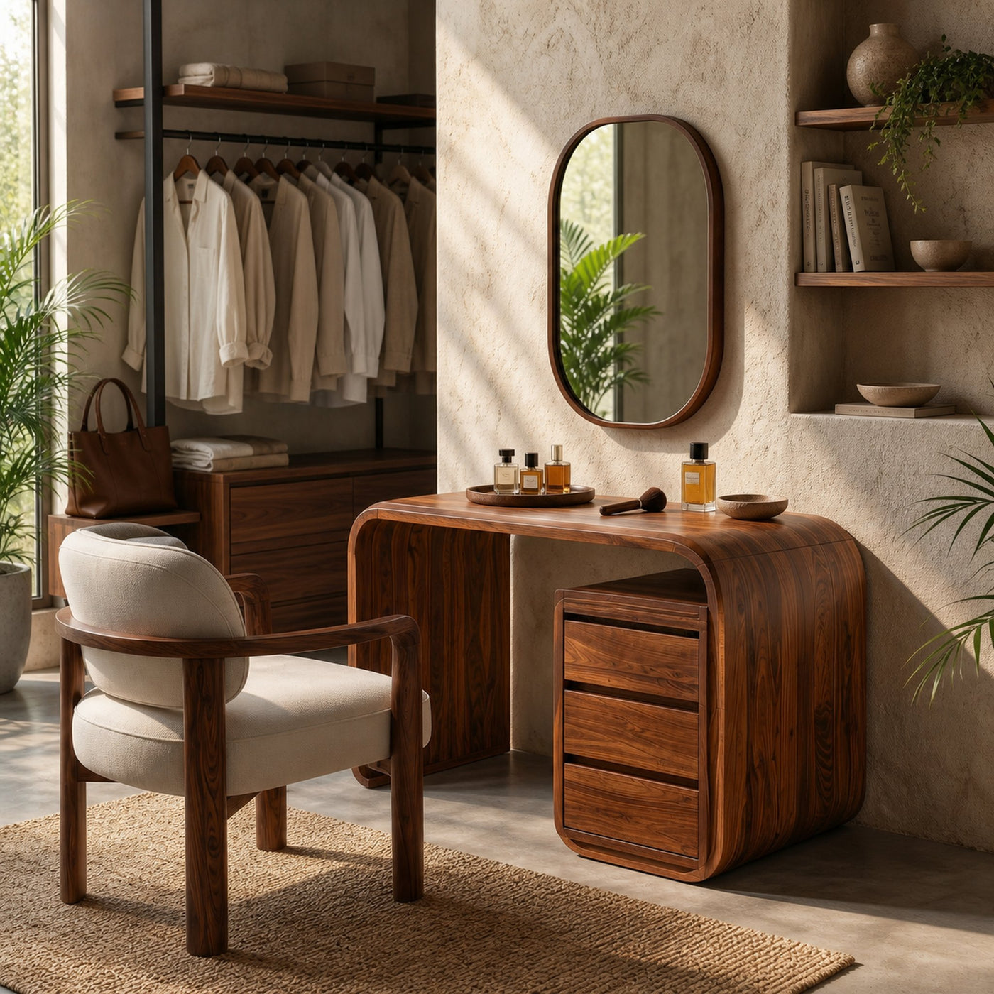 Modern Walnut Vanity Table With Open Shelf Cabinet For Bedroom - product view 6