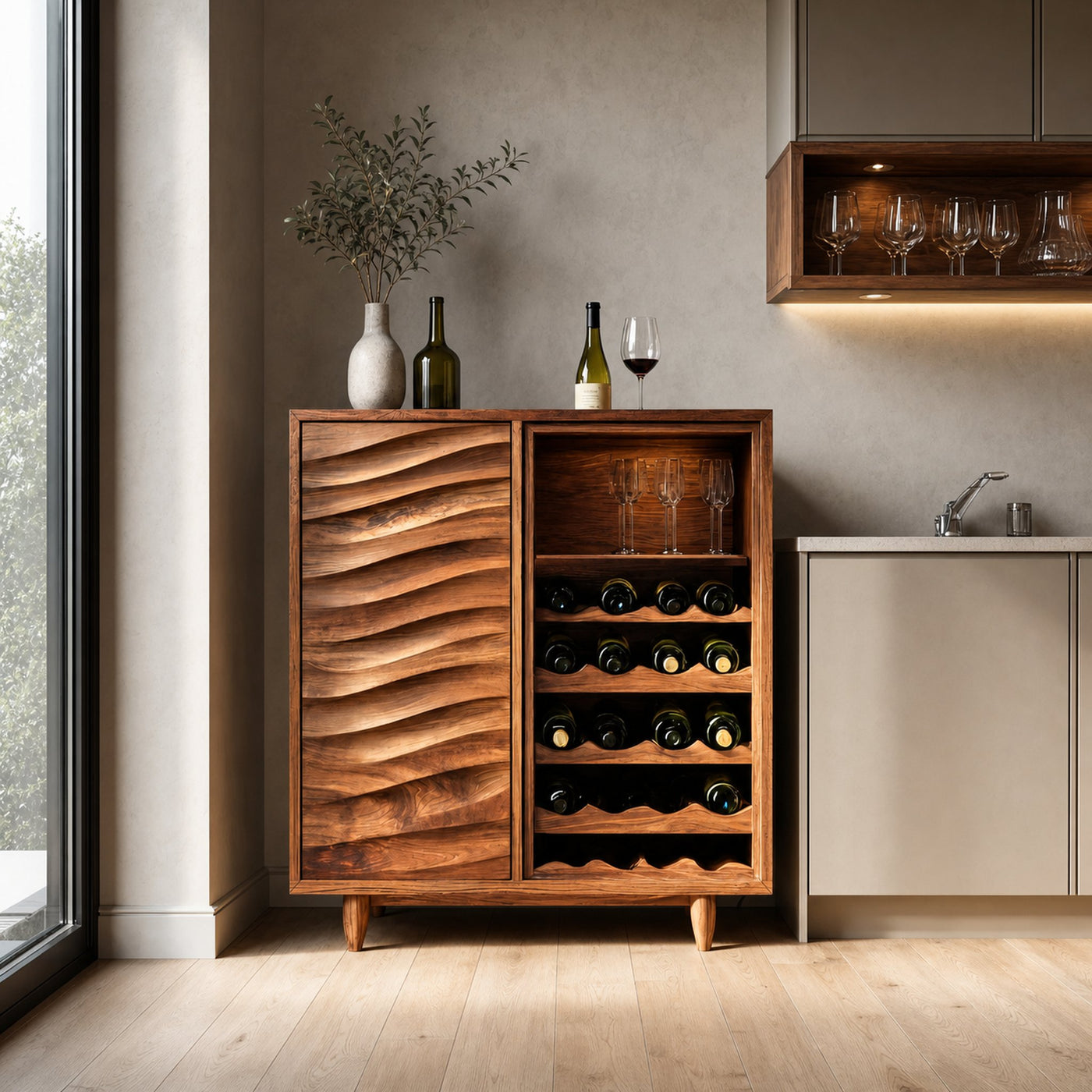 Modern Wave Carved Wine Cabinet For Kitchen