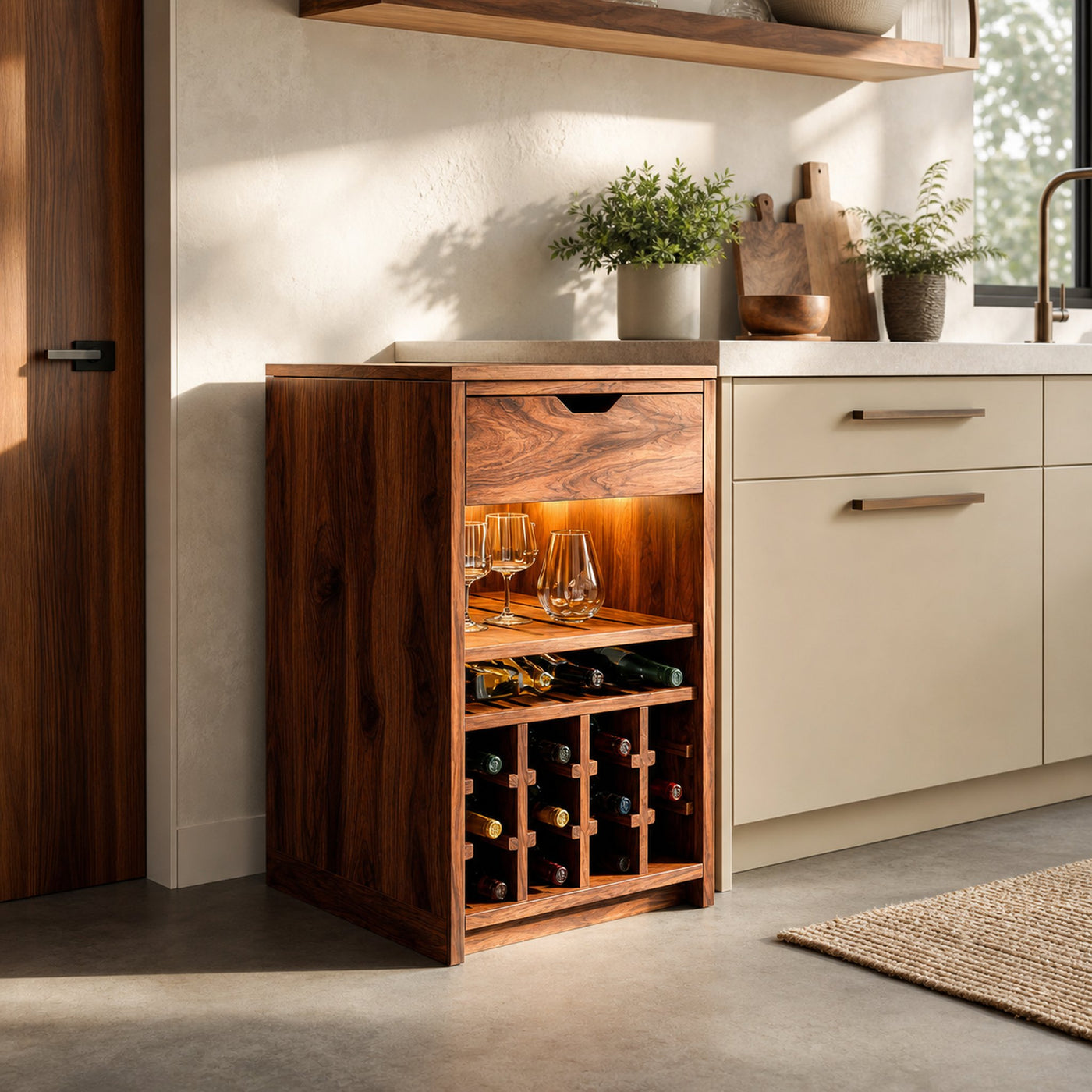 Modern Wine Cabinet With Bottle Shelves And Drawer For Kitchen
