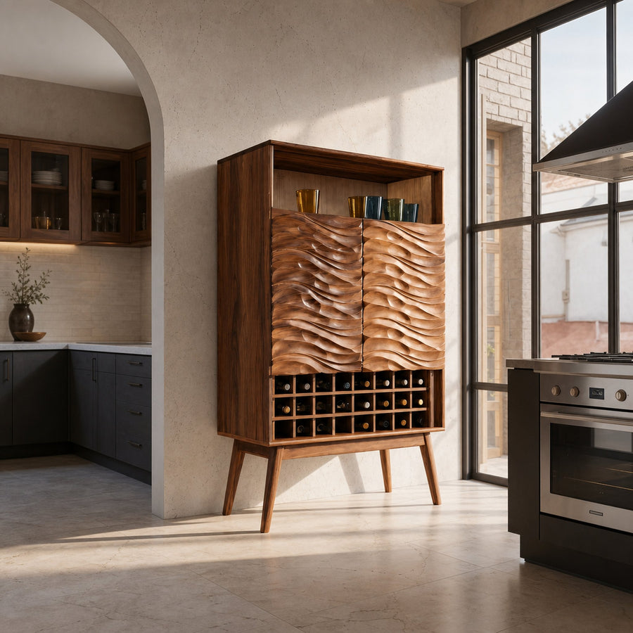 Modern Wine Cabinet With Wave Carved Doors For Kitchen