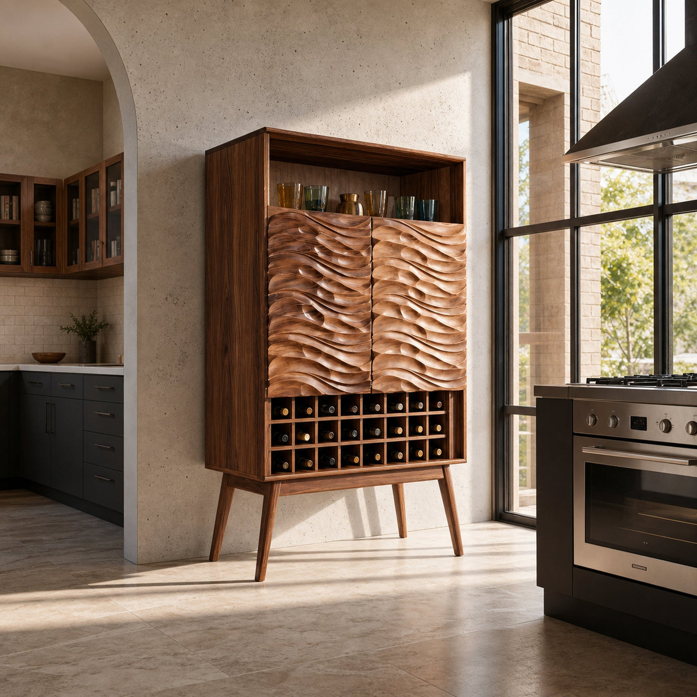 Modern Wine Cabinet With Wave Carved Doors For Kitchen - product view 6
