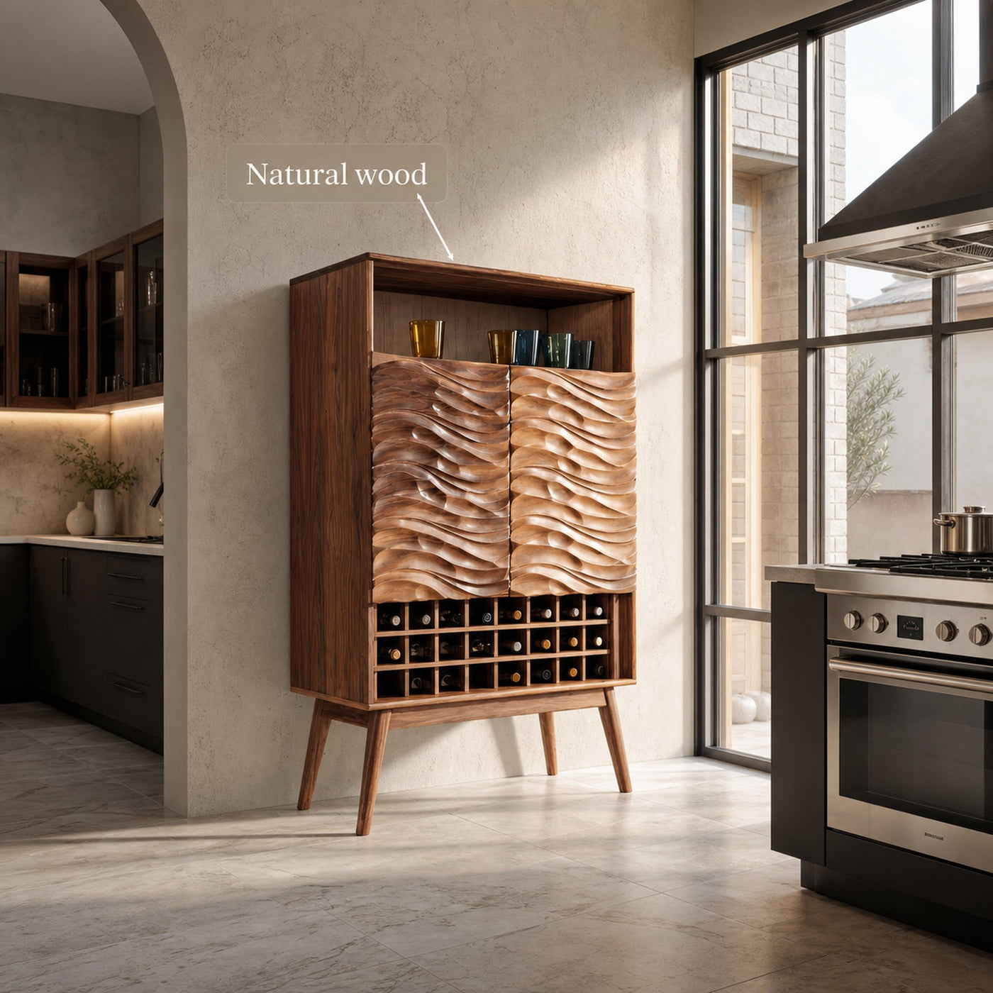 Modern Wine Cabinet With Wave Carved Doors For Kitchen - product view 7