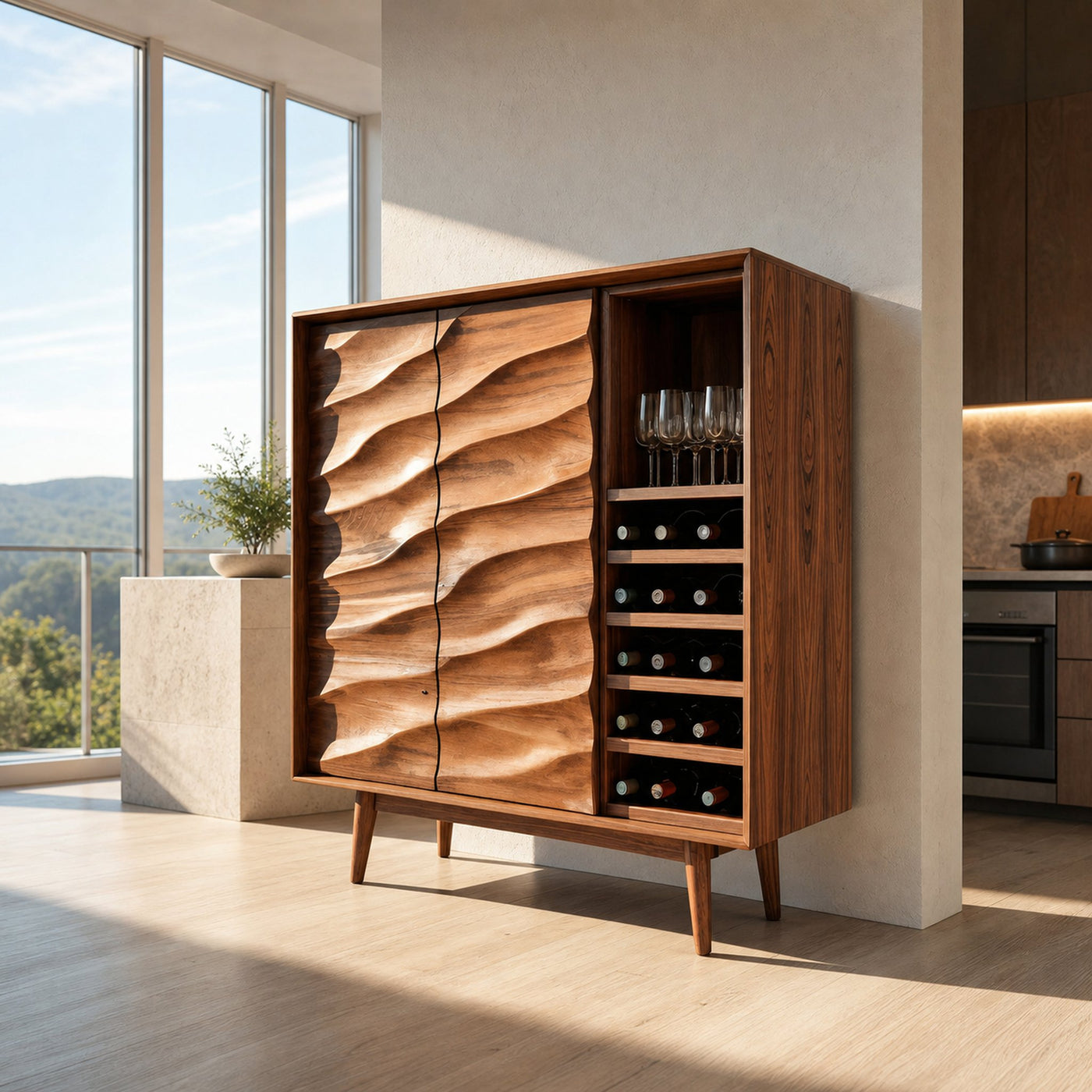 Modern Wine Cabinet With Wave Carved Doors For Kitchen Area