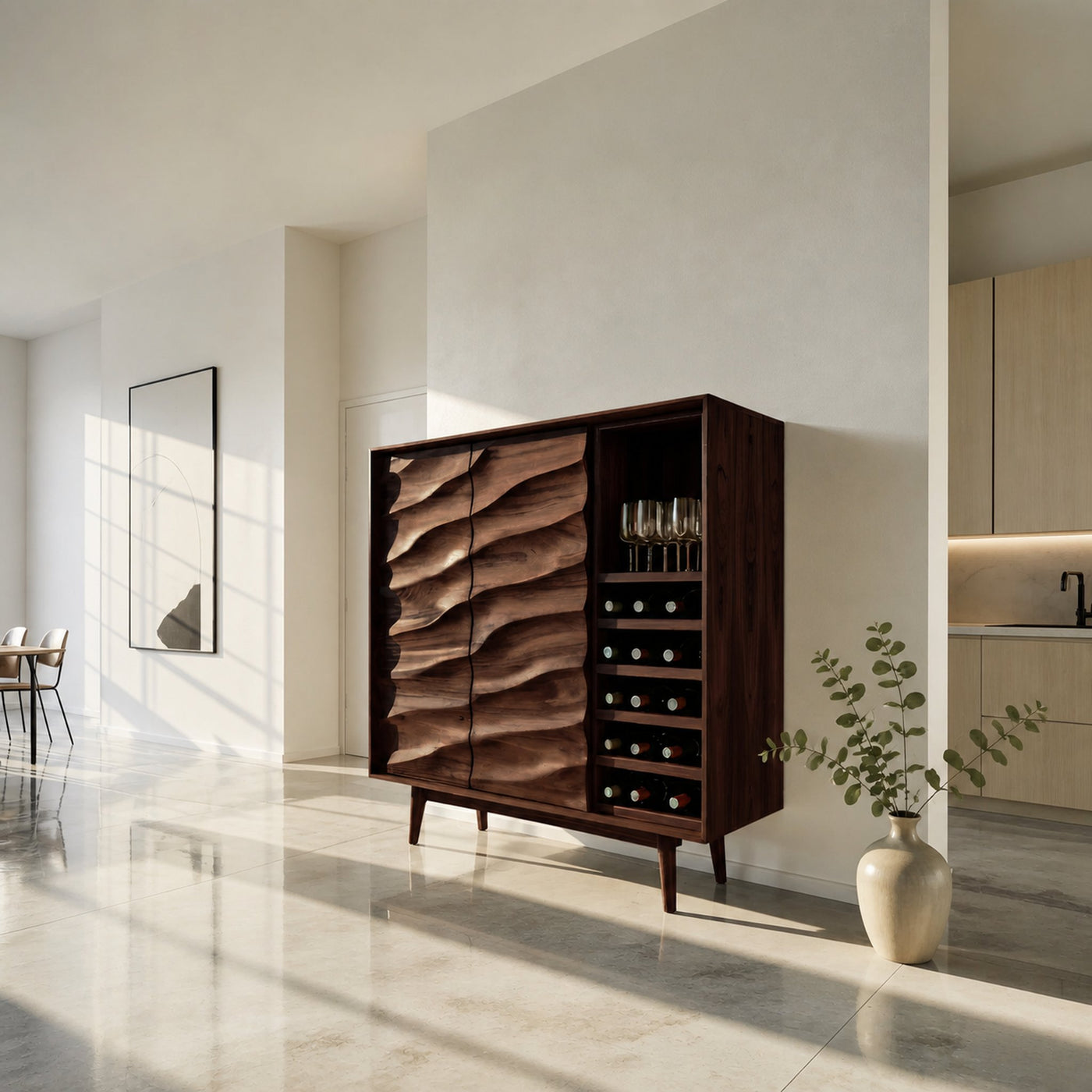 Modern Wine Cabinet With Wave Carved Doors For Kitchen Area - product view 7