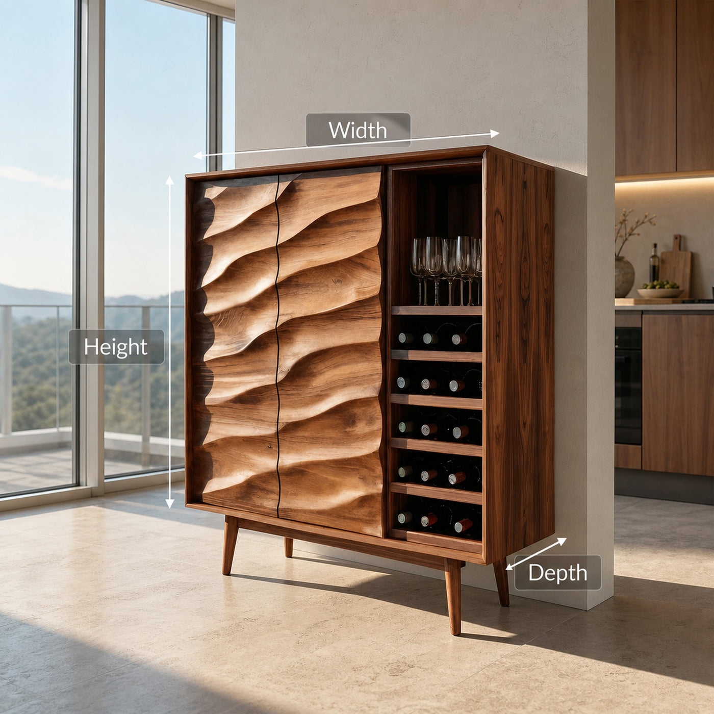 Modern Wine Cabinet With Wave Carved Doors For Kitchen Area - product view 8