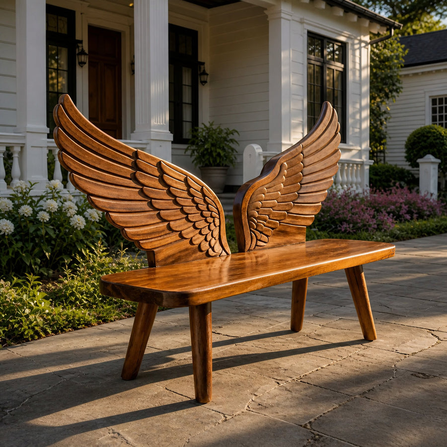 Modern Wood Bench With Wing Backrest For Exterior Seating