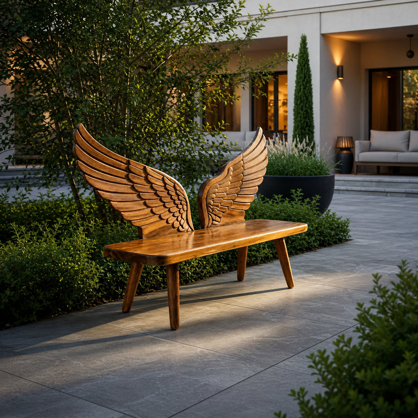 Modern Wood Bench With Wing Backrest For Exterior Seating - product view 6