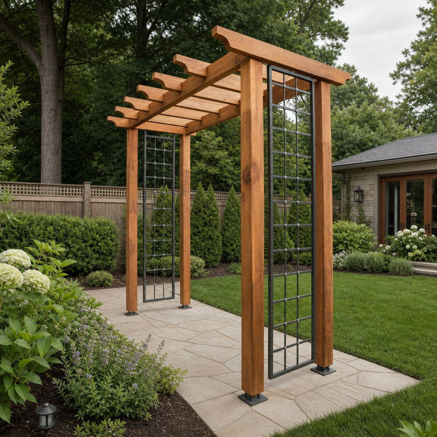 Modern Wood Garden Pergola With Metal Trellis Panels For Backyard