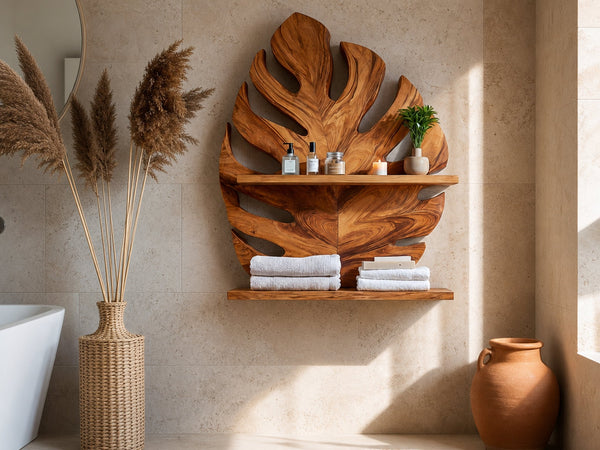 Modern Wood Leaf Wall Bathroom Shelf For Bathroom
