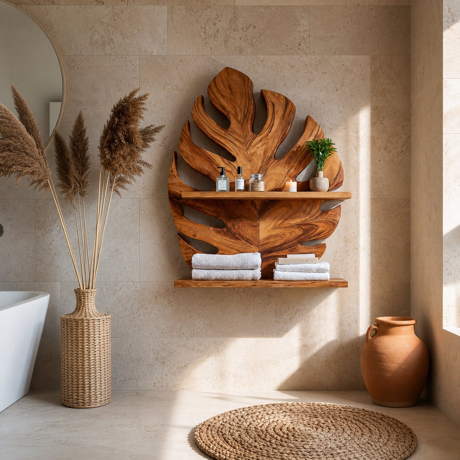 Modern Wood Leaf Wall Bathroom Shelf For Bathroom