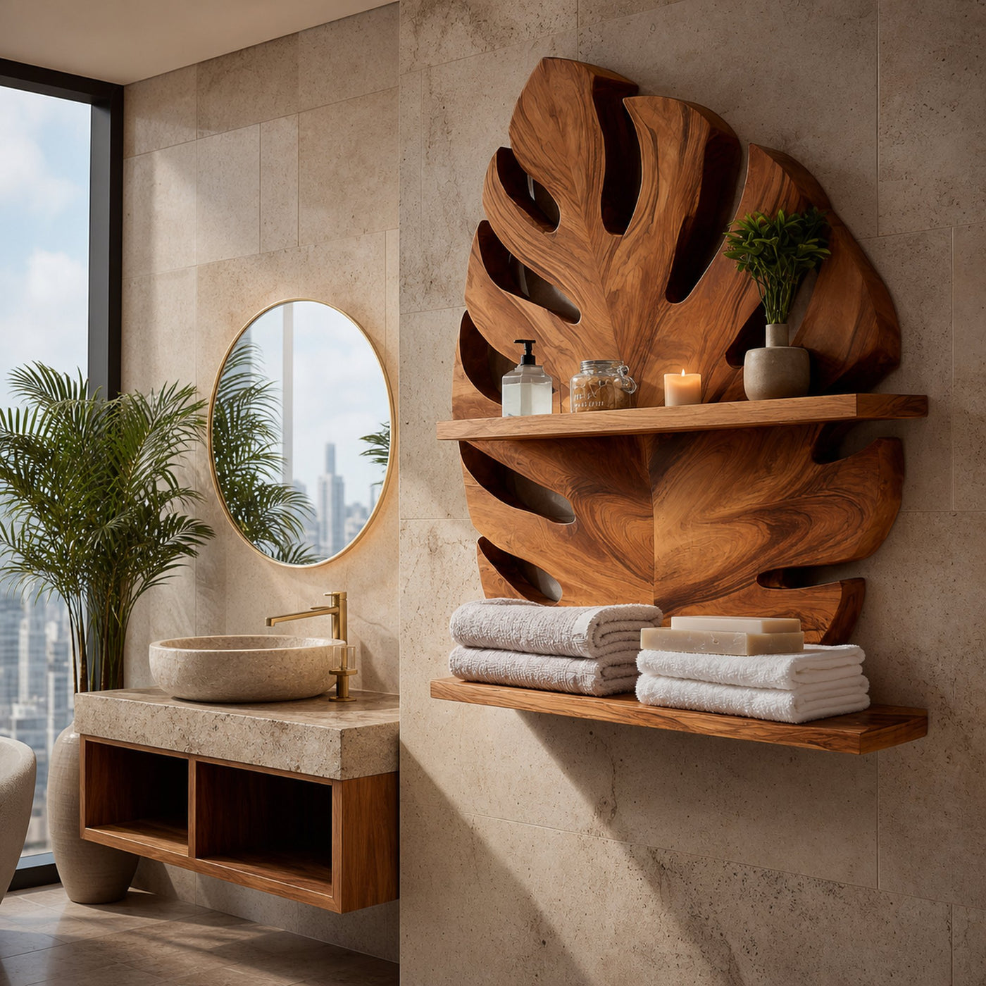 Modern Wood Leaf Wall Bathroom Shelf For Bathroom - product view 6