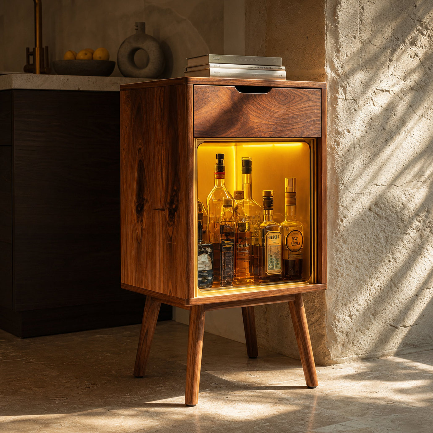 Modern Wood Wine Cabinet With Warm Lighting For Kitchen