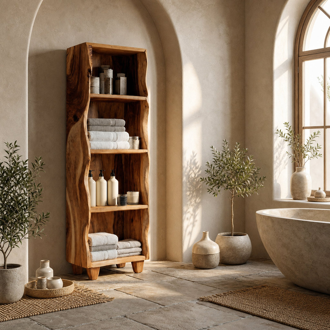 Modern Wooden Bathroom Cabinet With Flowing Edges For Spa