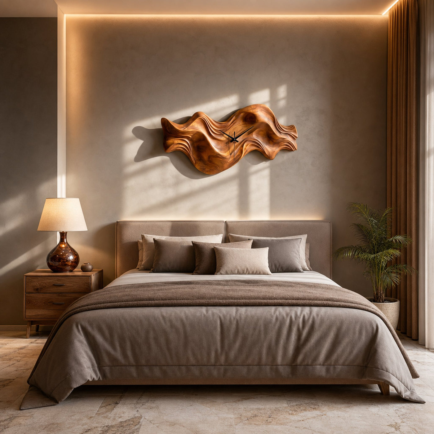 Modern Wooden Clock Organic Wave Design For Cozy Bedroom Space