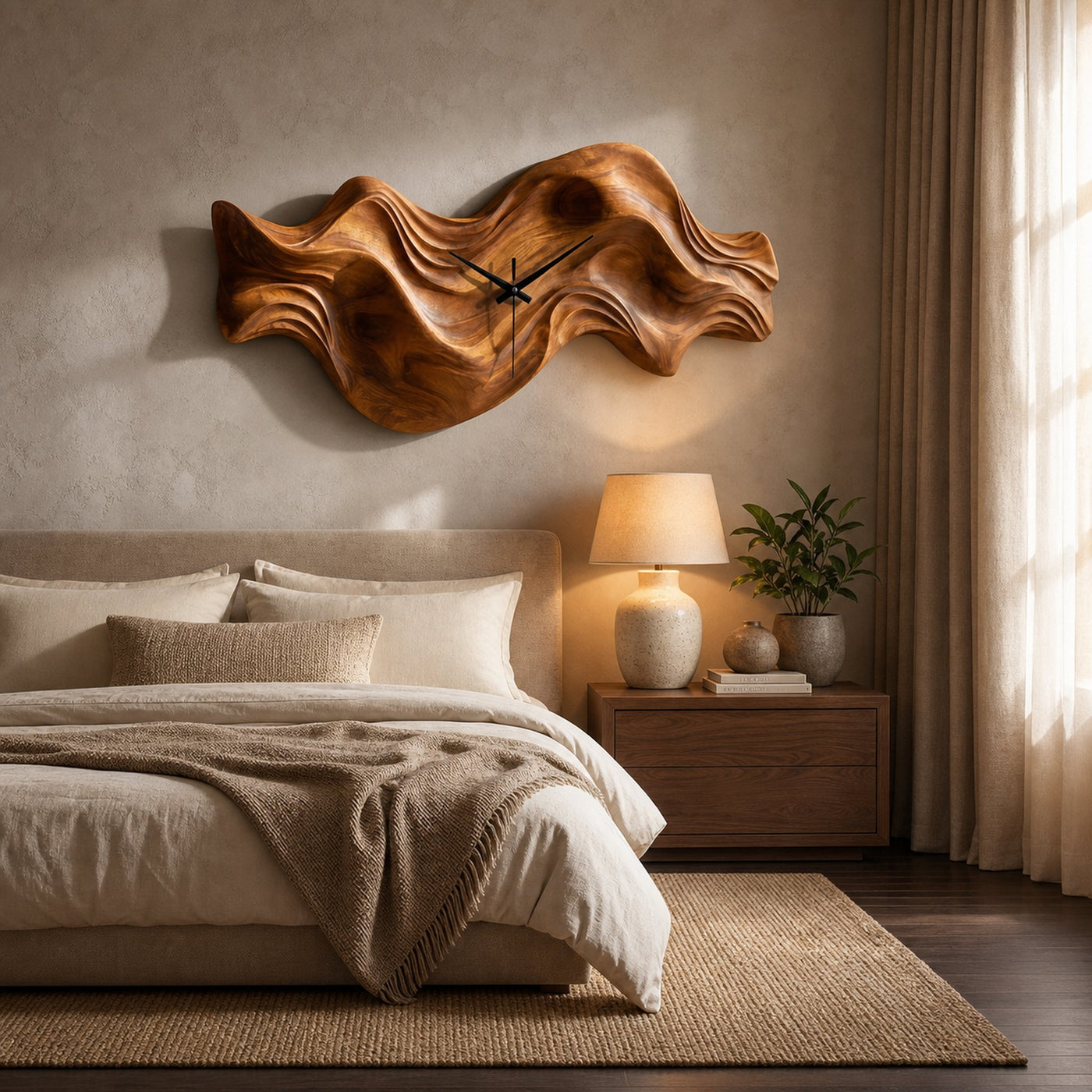 Modern Wooden Clock Organic Wave Design For Cozy Bedroom Space - product view 6
