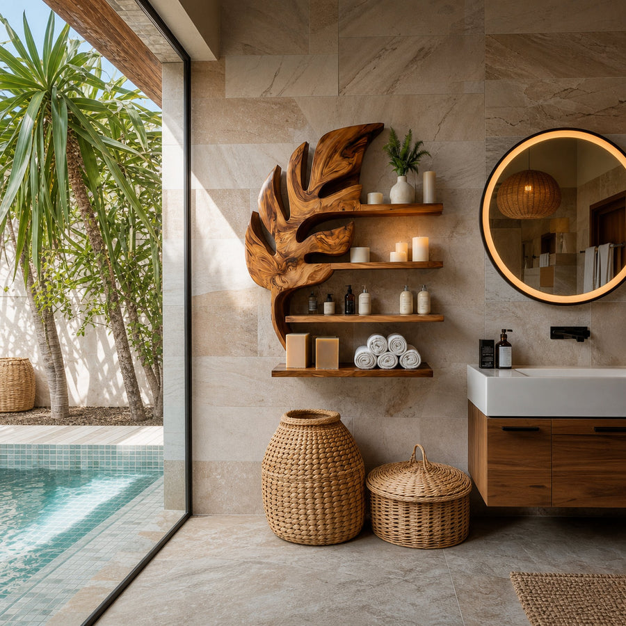Modern Wooden Leaf Bathroom Shelf For Bathroom Interior