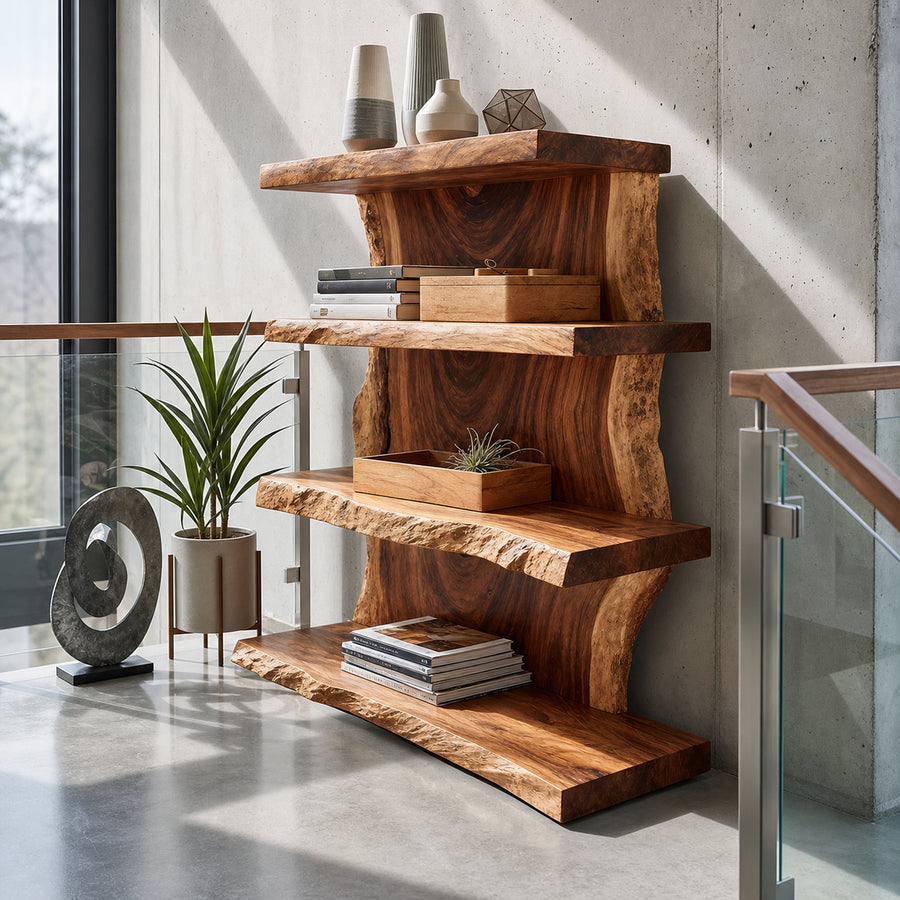 Modern Wooden Live Edge Standing Shelf For Entryway Storage Decor