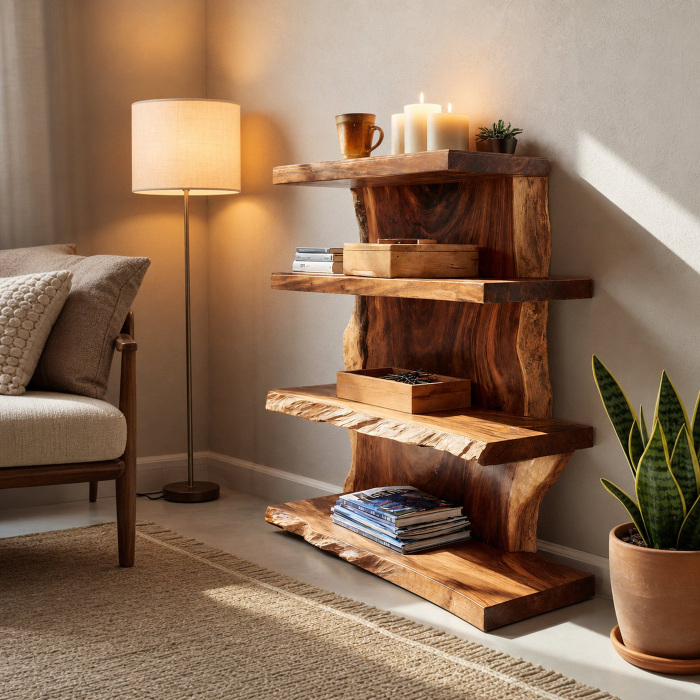 Modern Wooden Live Edge Standing Shelf For Entryway Storage Decor - product view 6