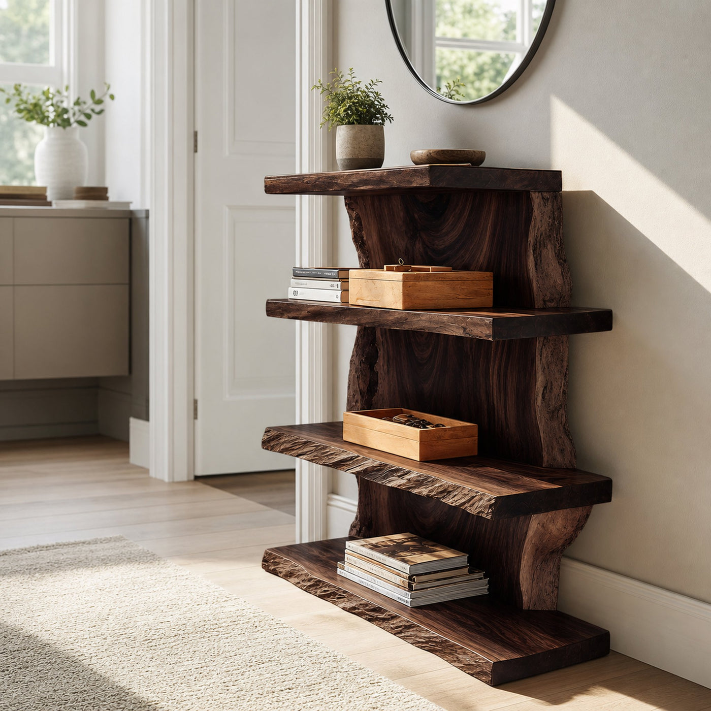 Modern Wooden Live Edge Standing Shelf For Entryway Storage Decor - product view 7
