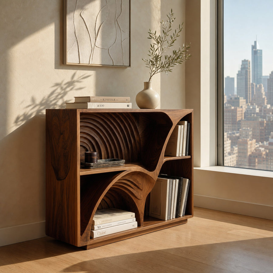 Modern Wooden Magazine Rack With Carved Compartments For Living Room