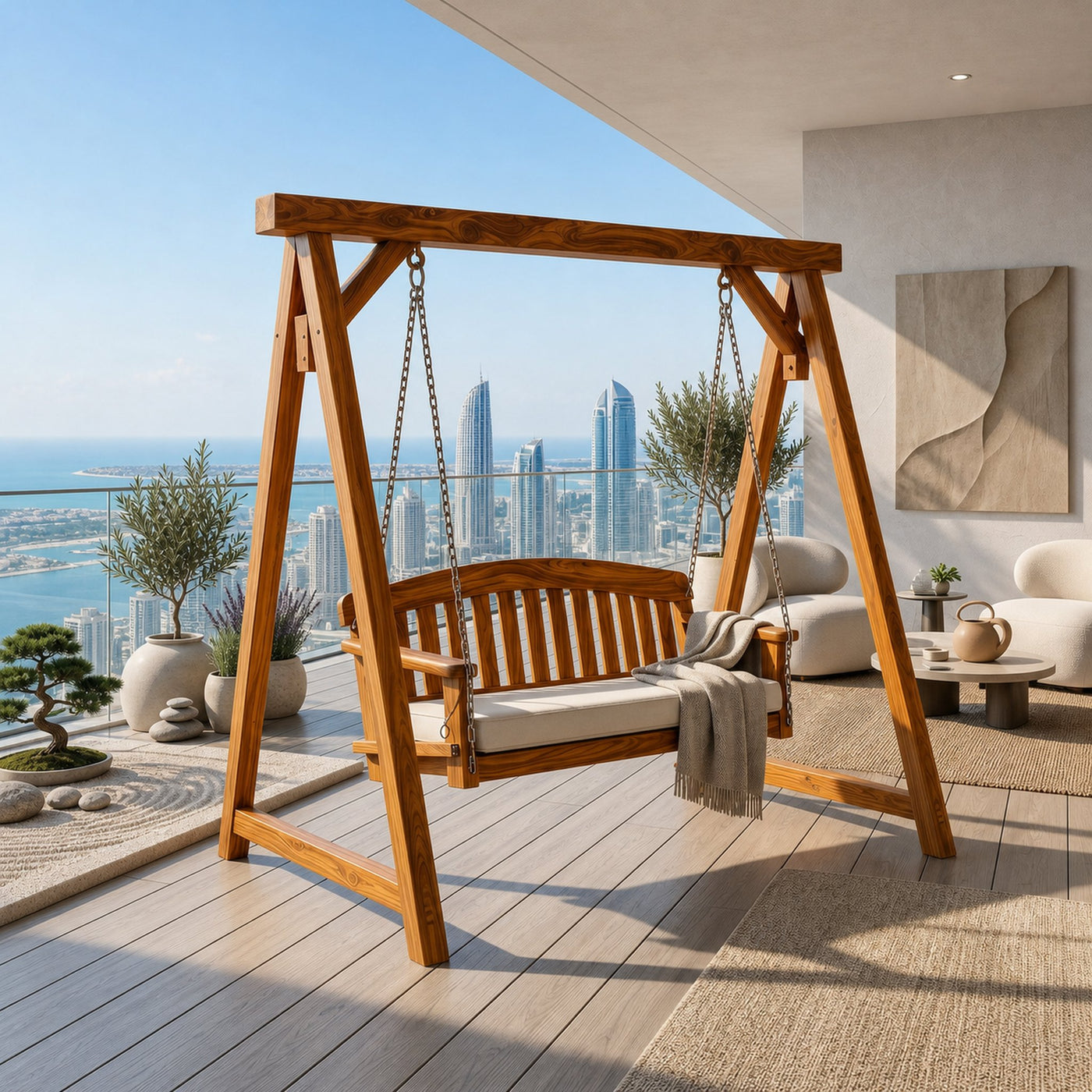 Modern Wooden Porch Swing Penthouse Living Space - product view 6