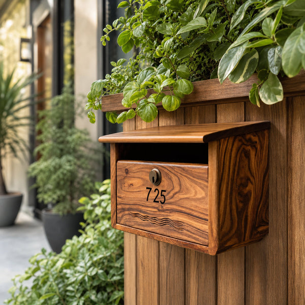 Modern Wooden Sculpture Mailbox For Outdoor Patio Rustic Furniture
